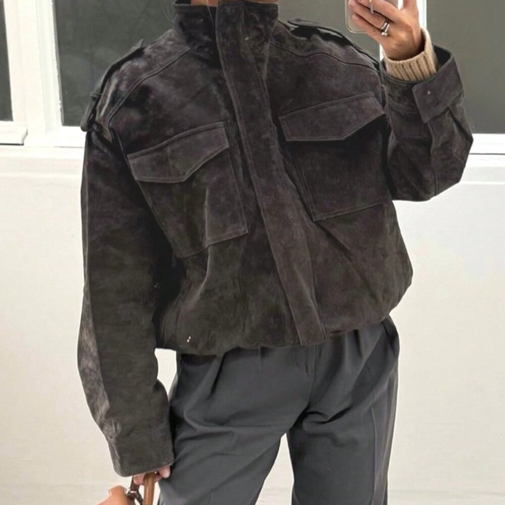 Dark Grey Casual Streetwear Women's Suede Bomber Jacket - Picture 2 of 6